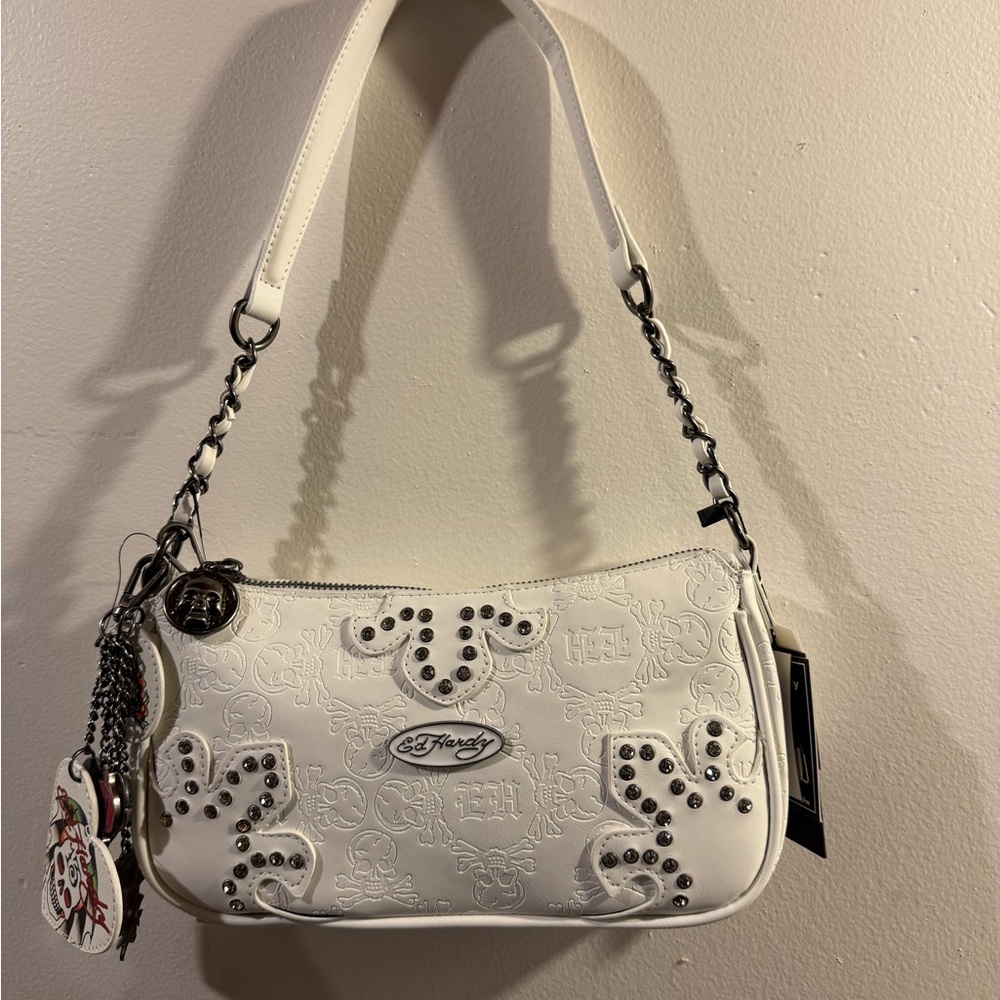Ed Hardy White Studded shoulder Crossbody Purse with gothic charms NWT